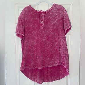 Live Well Lifestyle Pink Cotton Mineral Wash Henley Tee Hi-Low Top Women’s XL
